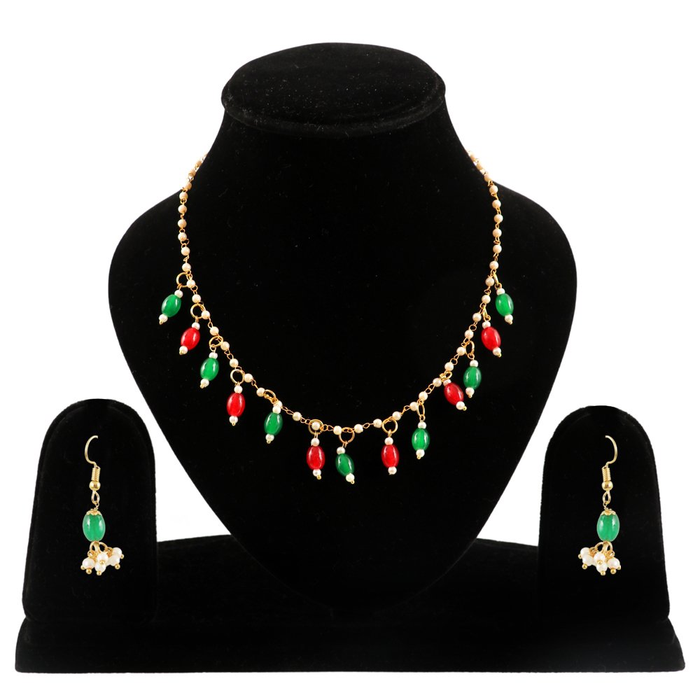 Gold-Plated Red & Green Pearl Beads Chain Jewellery Set image 2