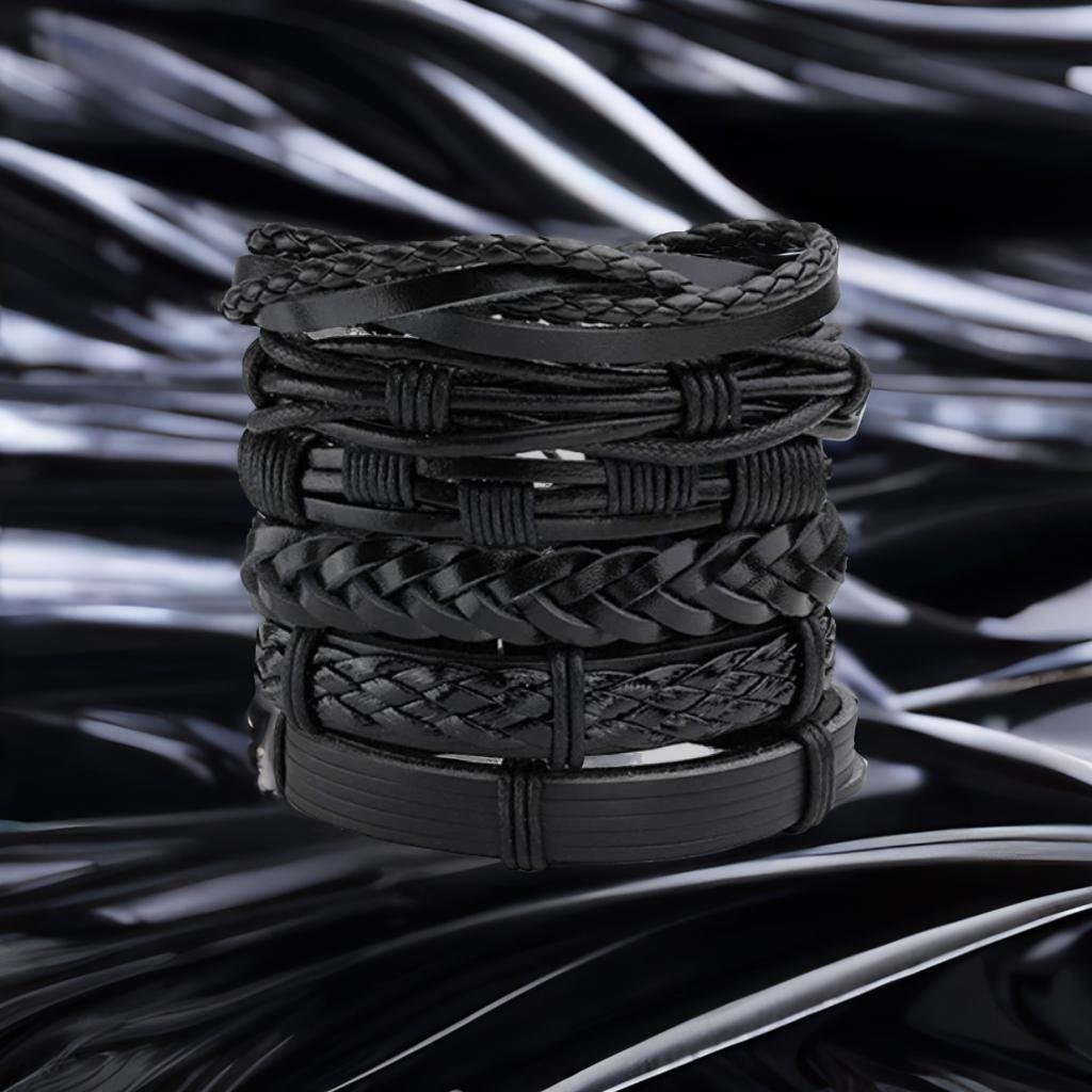 Black Leather Beaded Cuff Bracelets (Set of 6) image 6