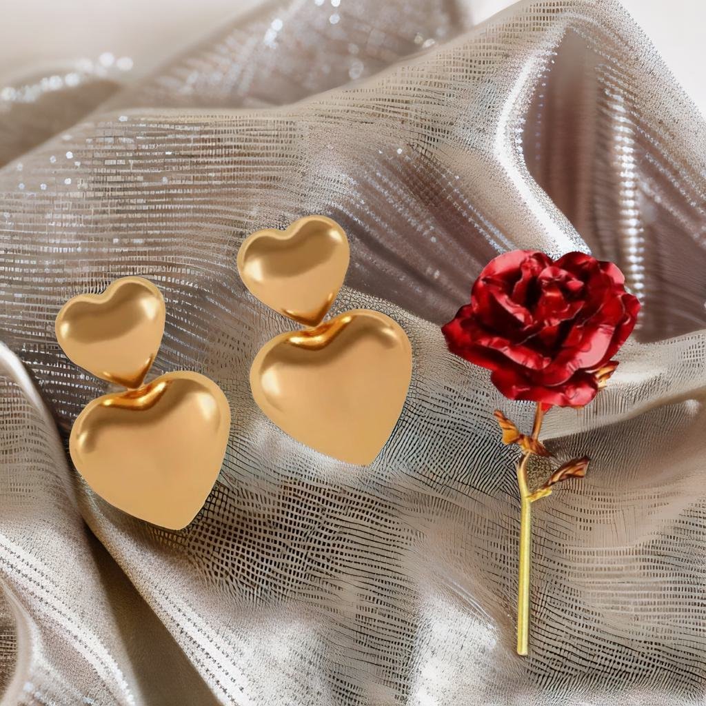 Gold Heart Earrings & Red Rose Gift Combo Set image 2