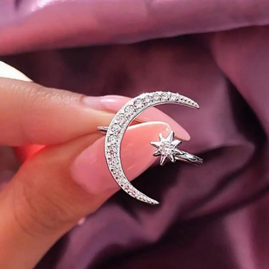 Silver-Plated Shining Moon & Star Ring image 1