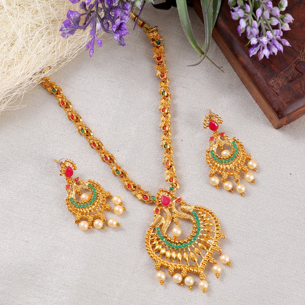 Gold-Plated Red & Green Stone Peacock Necklace Set image 2
