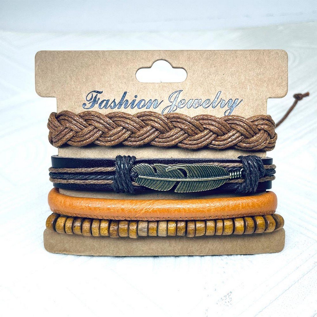 Bohemian Style Oxidized Silver Leaf Multistring Brown Wrap Bracelet For Men image 1