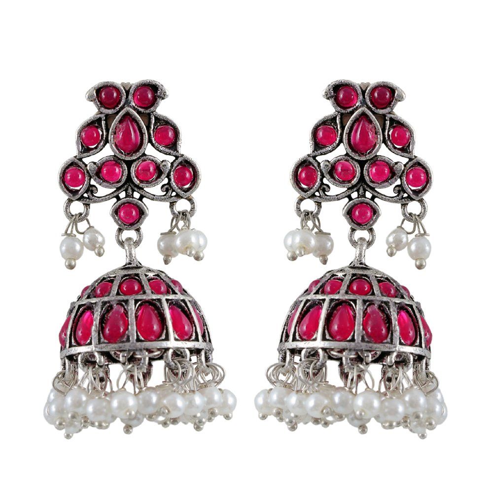 Oxidised Silver Pink Crystal /Pearl Jhumka Earrings image 4