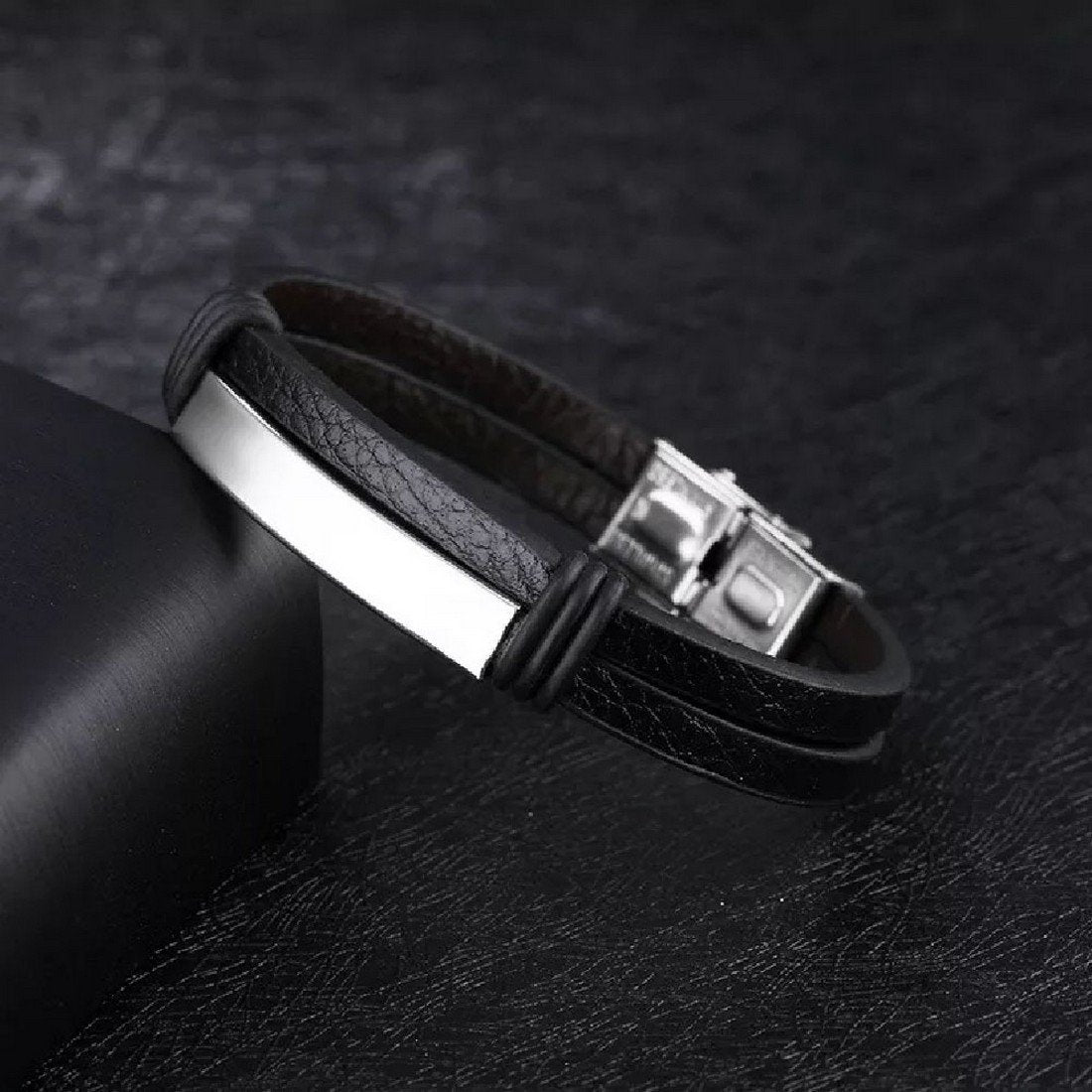 Bold Silver-Tone Double Wrap Black Bracelet for Men image 0