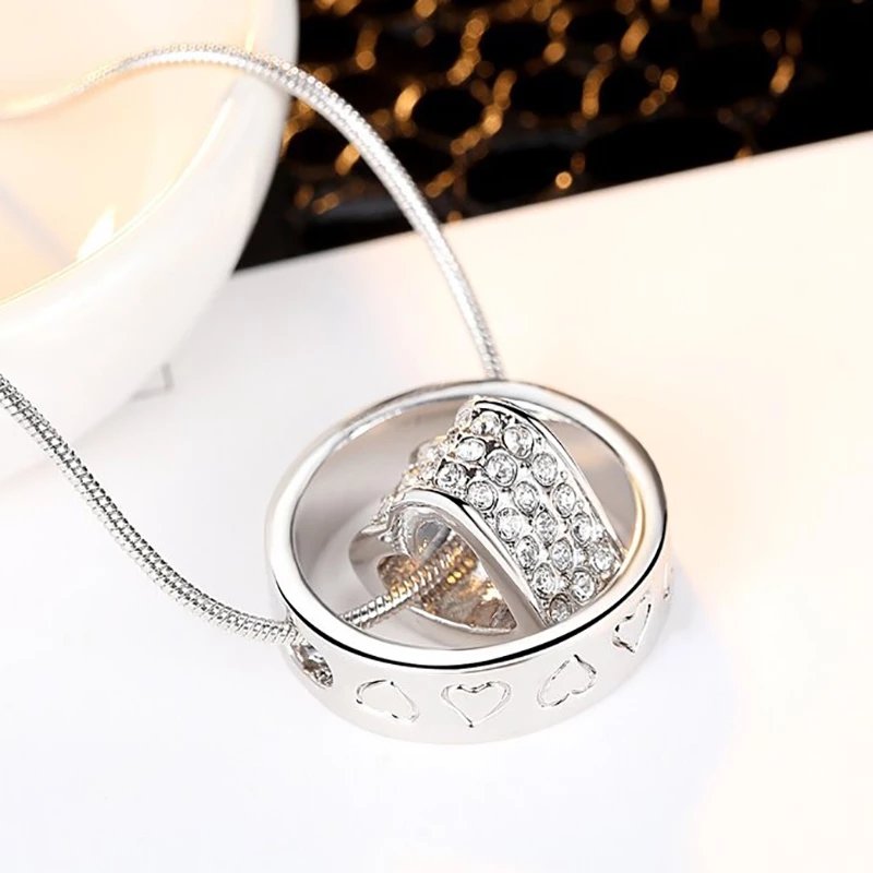 Crystal Heart Circle Silver-Plated Pendant Chain Necklace image 0