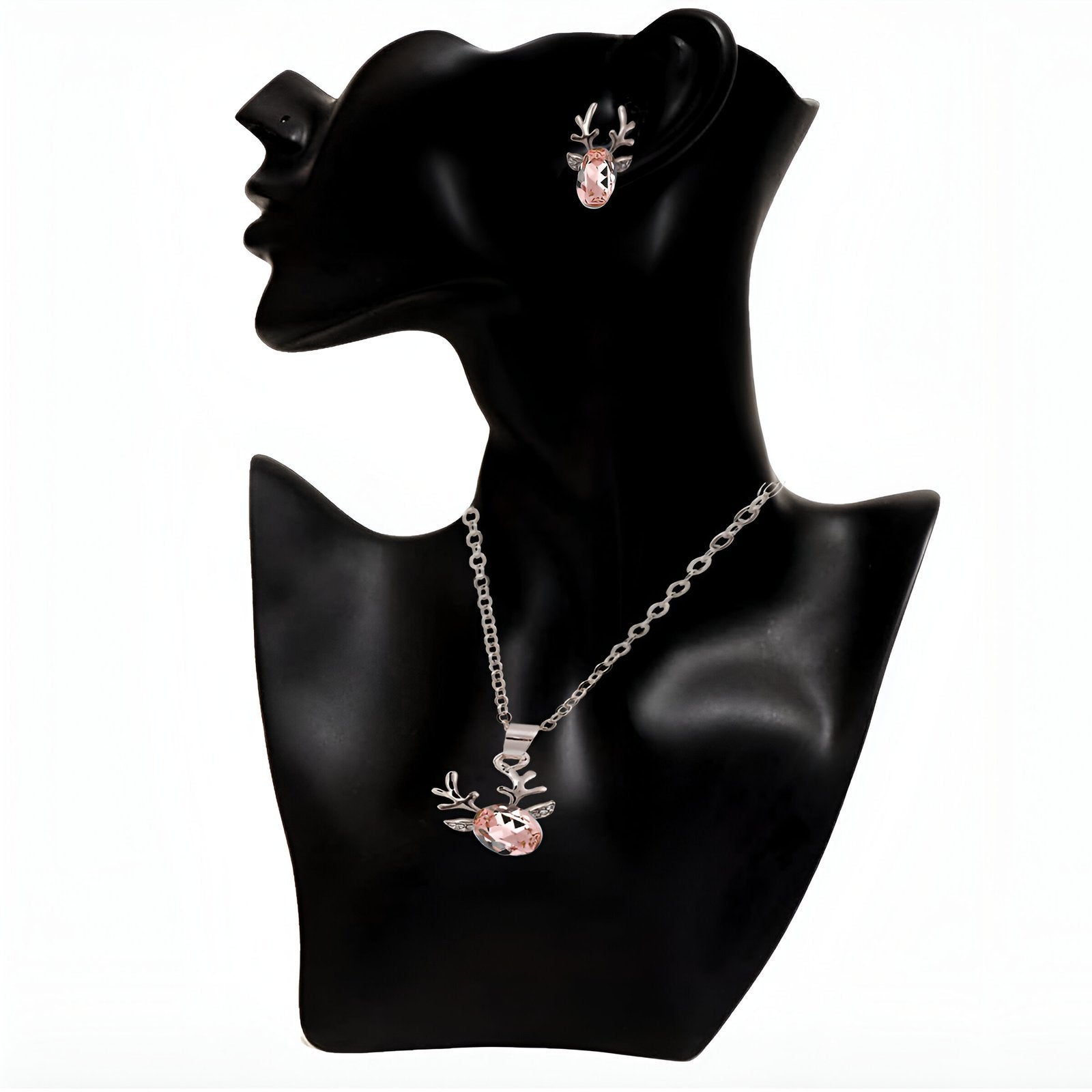 Silver-Plated Peach Crystal Deer Design Necklace & Earring Set image 1