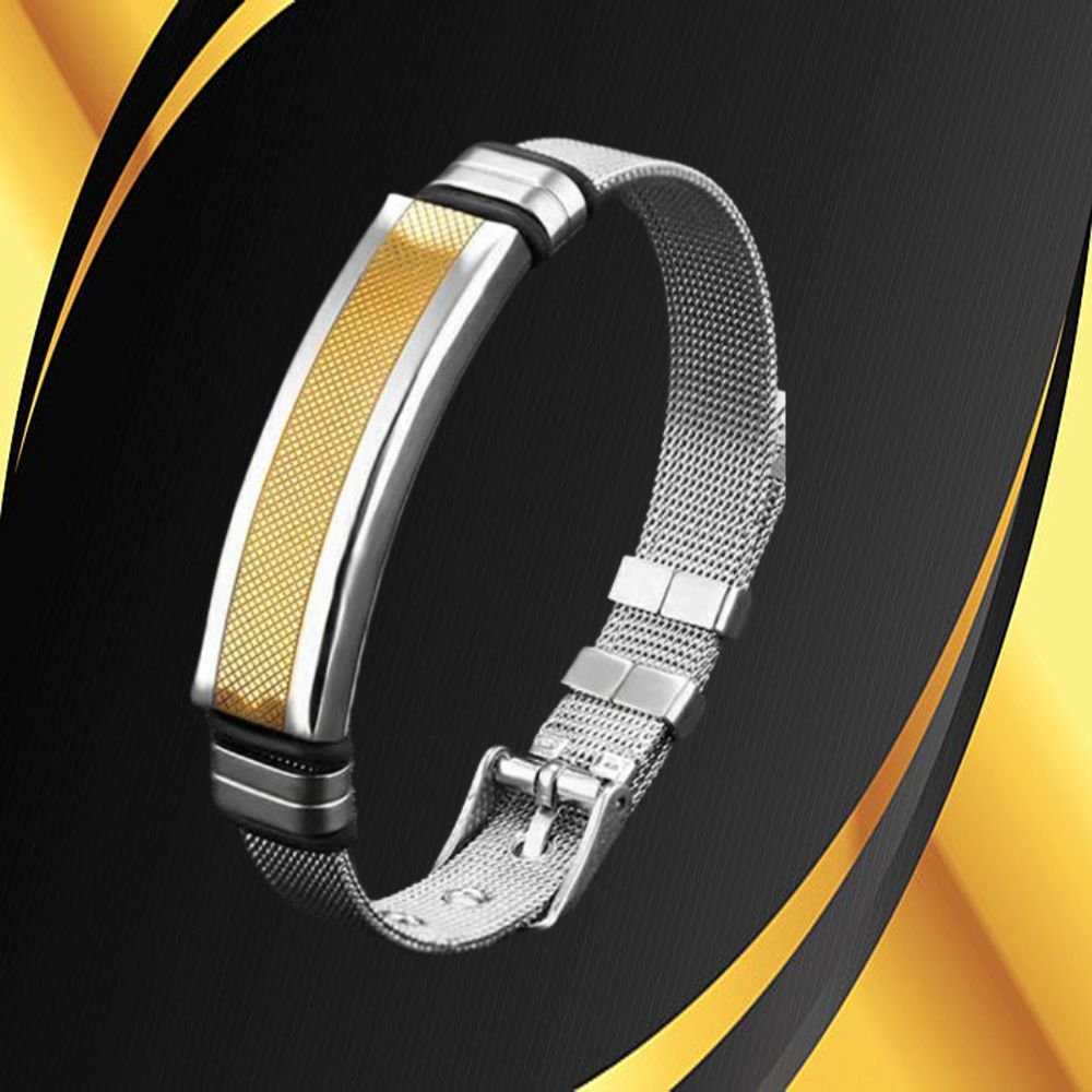Men's Gold Silver-Plated Watch Stripe Wrist Band Bracelet image 3