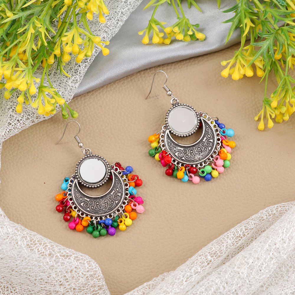 Oxidised Silver Mirror Chandbali Multi Pearl Earrings image 0