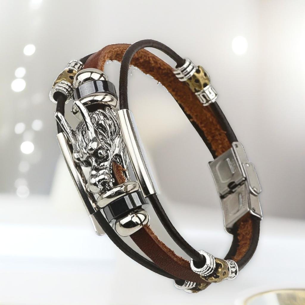 Men's Silver Plated Dragon Head Triple Strands Brown Leather Bracelet image 0