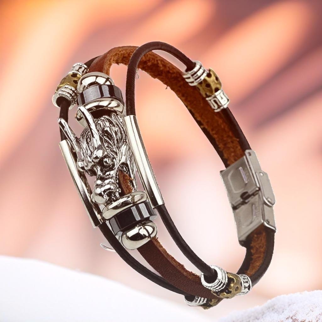 Men's Silver Plated Dragon Head Triple Strands Brown Leather Bracelet image 3