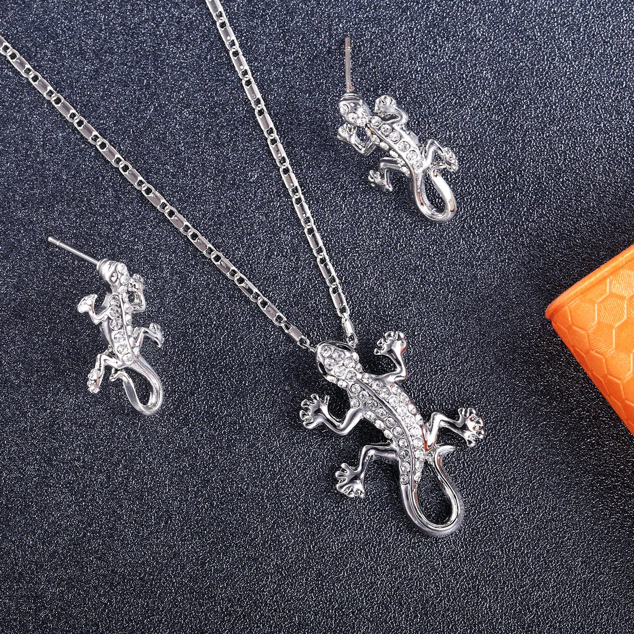 Silver-Plated Crystal Lizard Necklace & Earrings Set image 0