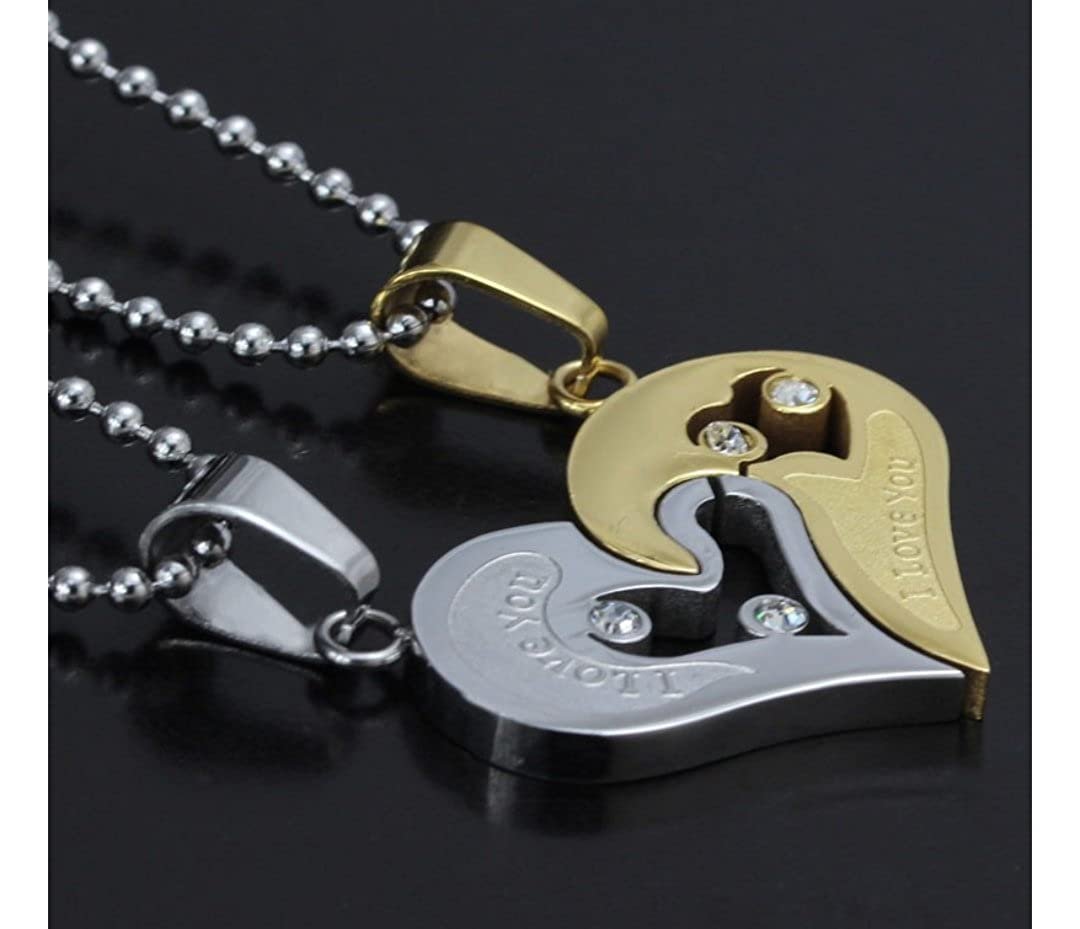 Dual-Tone Heart Locket Couple Double Chain Pendant Necklace for Men/Women image 1
