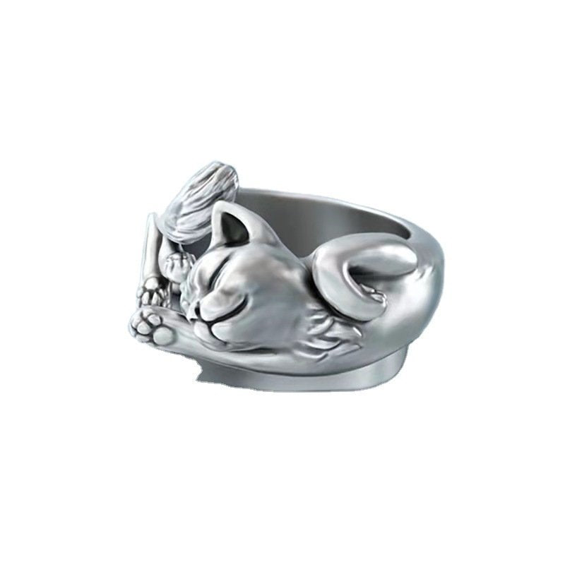 Silver-Plated Sleeping Cat Paws Adjustable Finger Ring image 2