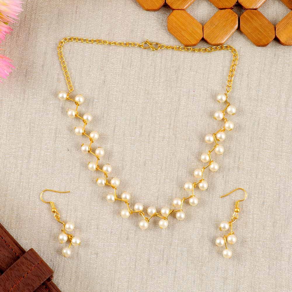 Gold-Toned Mogra Korean White Pearl Choker Jewellery Set image 1