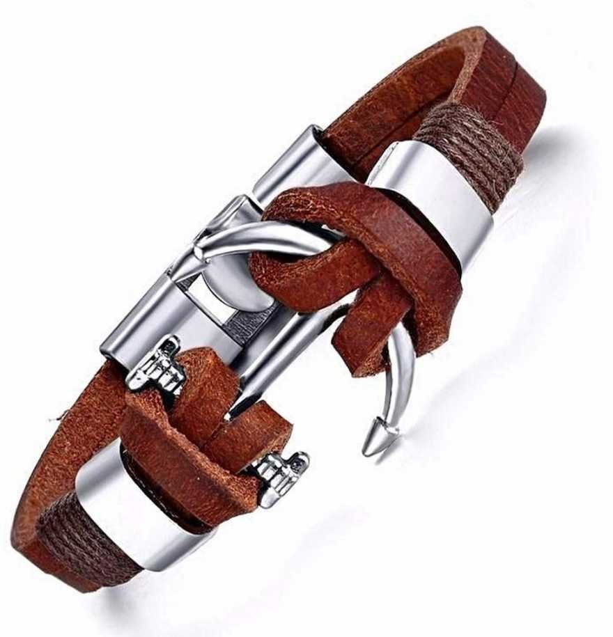 Unisex Silver-Plated Anchor Brown Leather Bracelet image 3