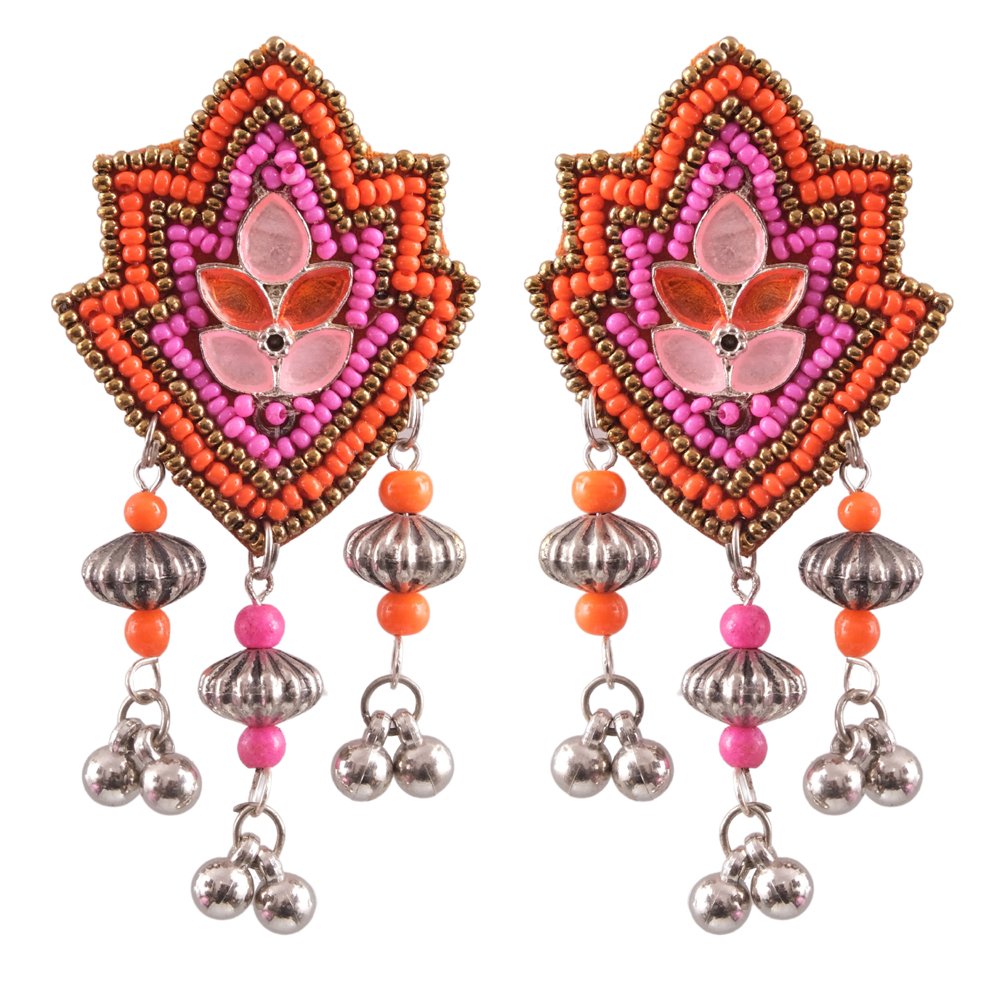 Handcrafted Beaded Pink/Orange Dangler Earrings for Women/Girl's image 2