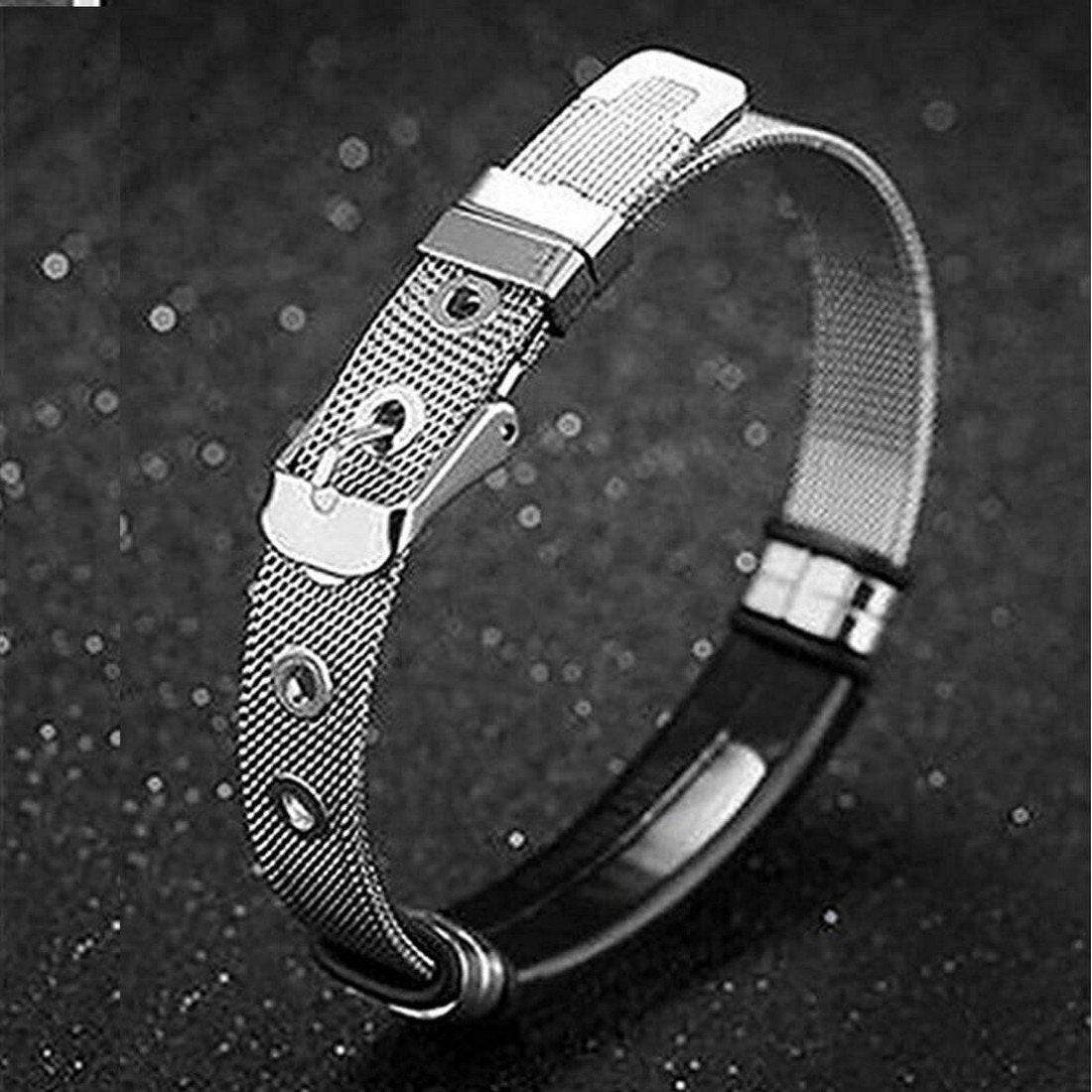 Men's Silver-Plated Mesh Cross Engraved Gold Raised Bracelet image 2
