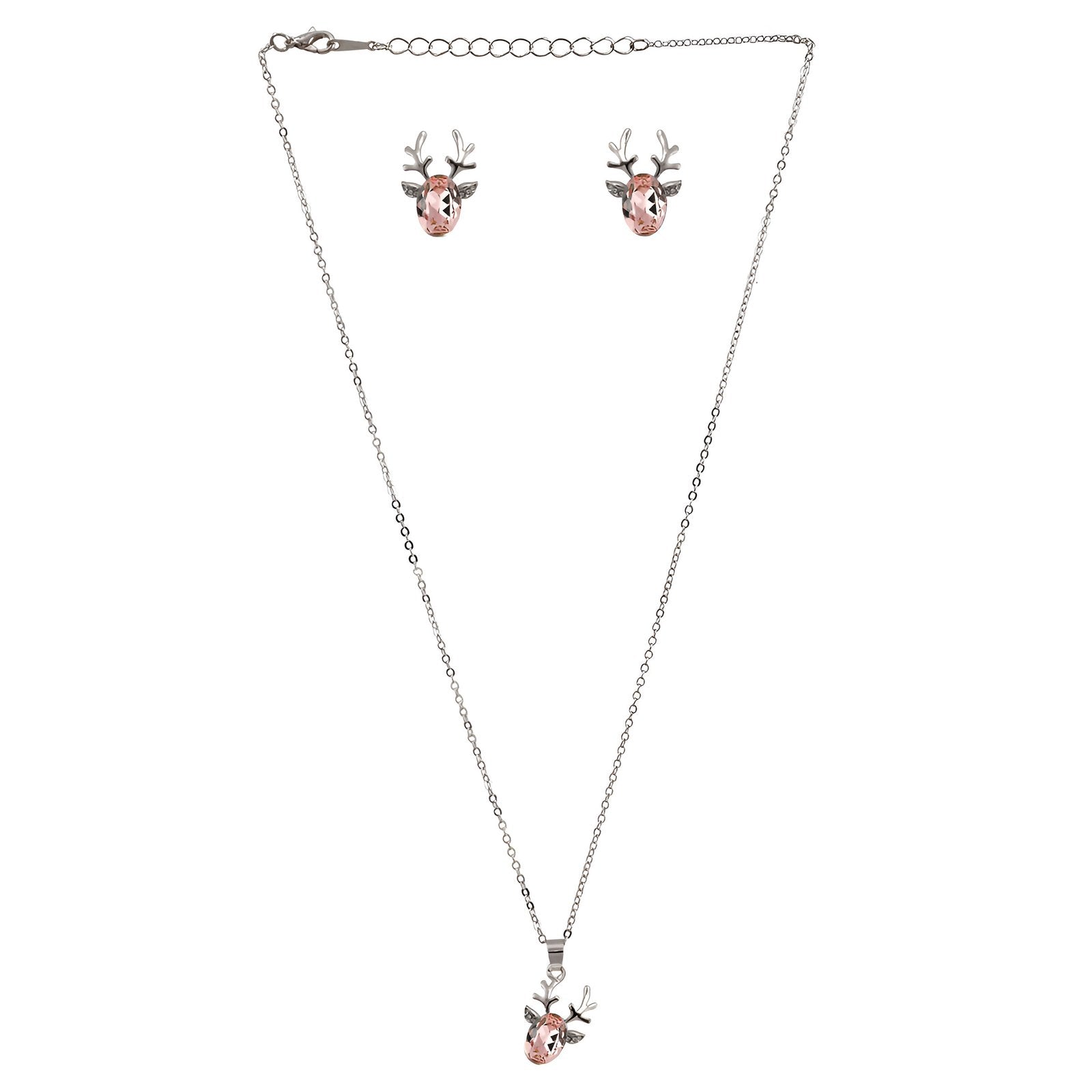 Silver-Plated Peach Crystal Deer Design Necklace & Earring Set image 4