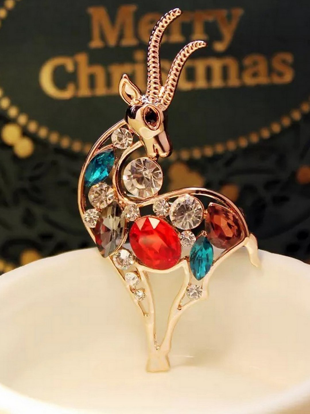 Gold-Plated Multicolor Crystal Studded Goat Style Brooch for Unisex image 0