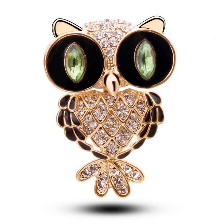 Gold-Tone Green-Eyed Crystal Owl Brooch image 3