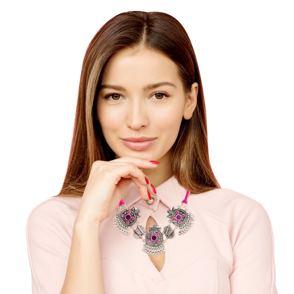 Oxidised Silver Boho Pink Stone Mirror Choker Necklace image 1