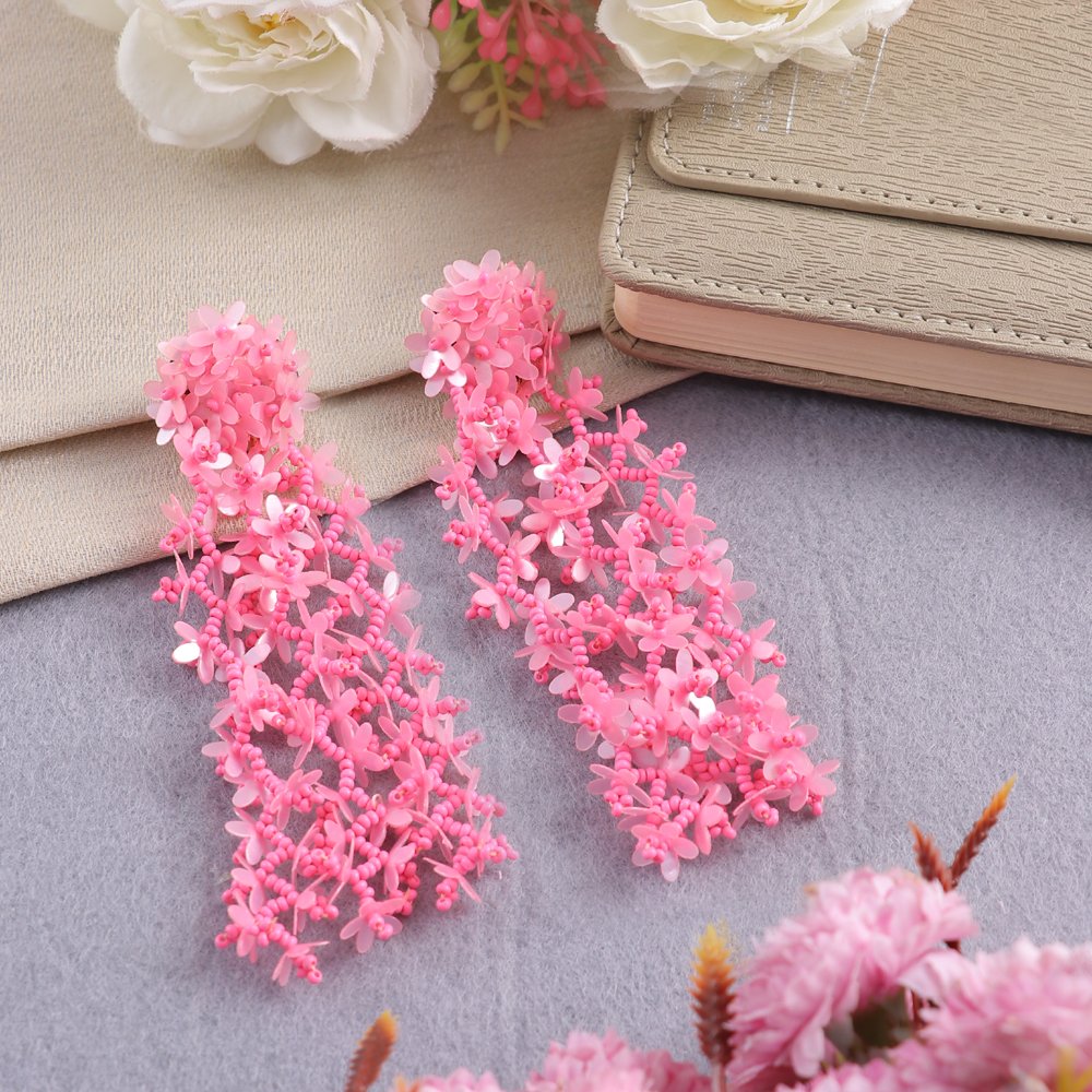 Pink Beaded Floral Classic Tassel Earrings image 4