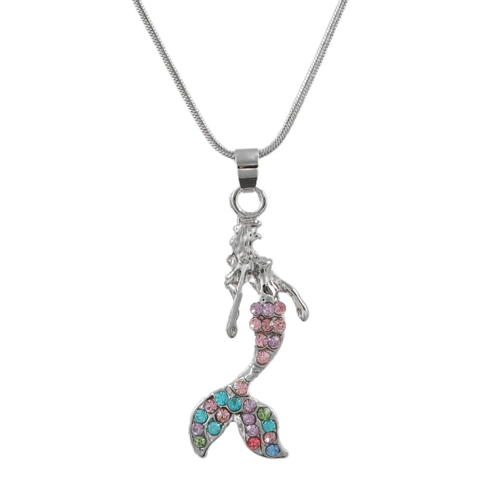Silver Plated Pink Crystal  Mermaid Pendant Necklace image 1