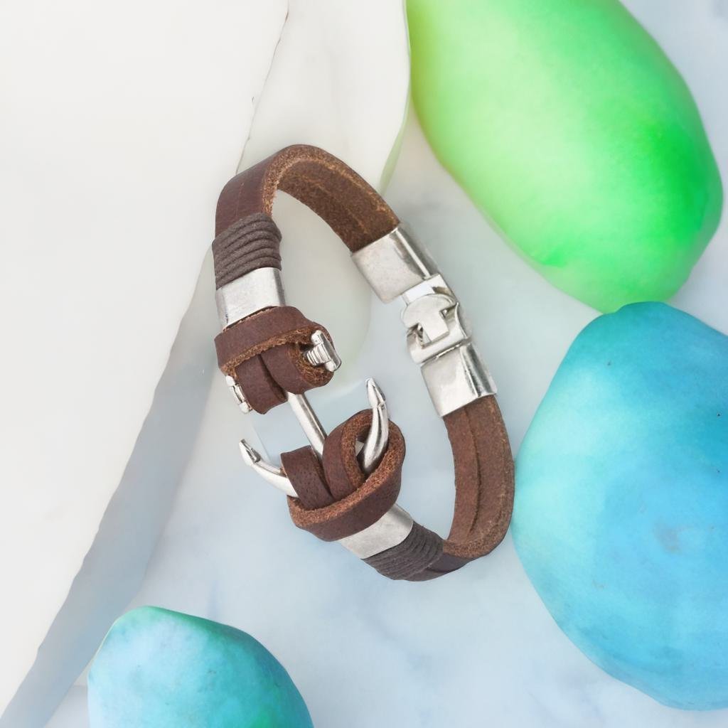 Unisex Silver-Plated Anchor Brown Leather Bracelet image 4