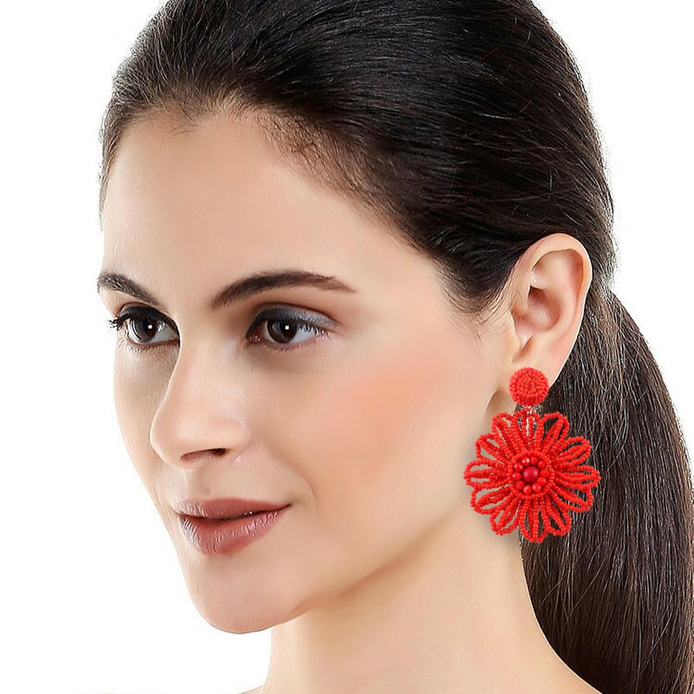 Handcrafted Red Beaded Flower Earrings image 2