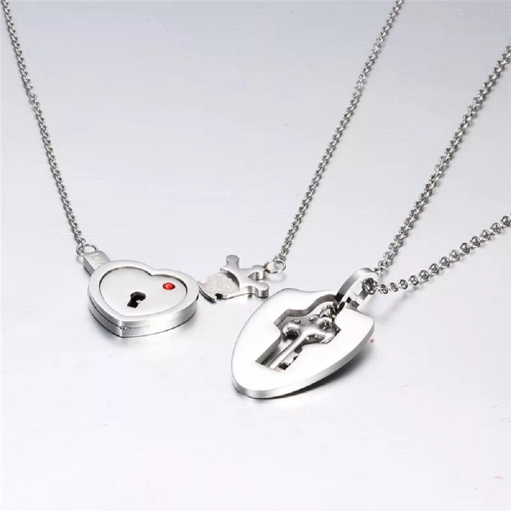 Silver-Plated Couple Key Lock Pendant Chain Necklace for Men and Women image 4