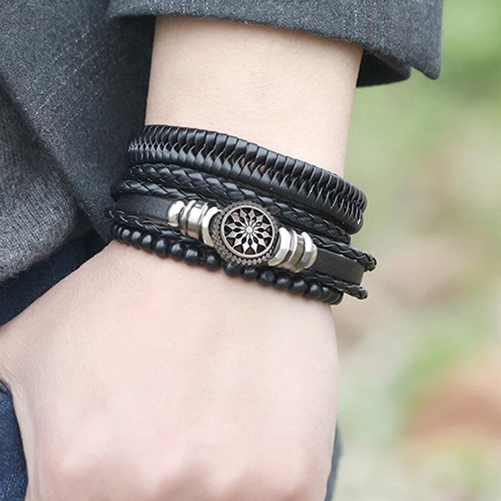 Men's Oxidised Silver Wheel Leather Black Beads Bracelet image 5