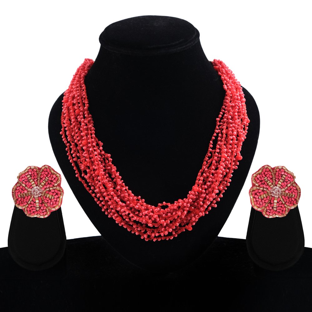 Handcrafted Red Beaded peral Jewellery Set image 1