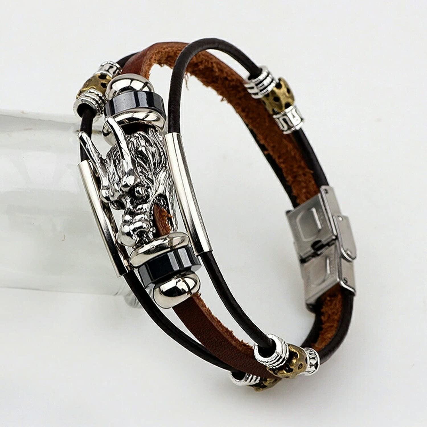 Men's Silver Plated Dragon Head Triple Strands Brown Leather Bracelet image 2