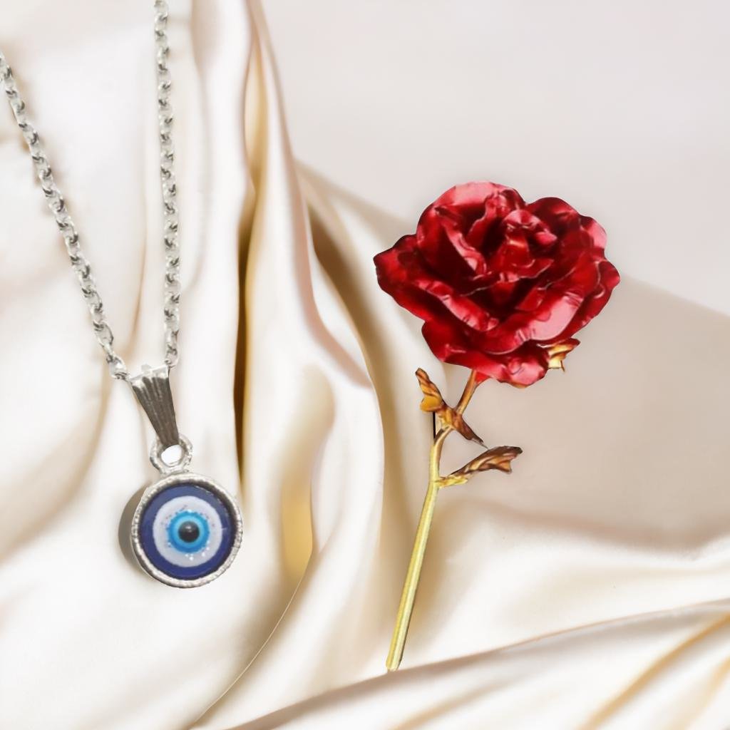 Evil Eye Pendant Chain & Red Rose Combo Set image 0