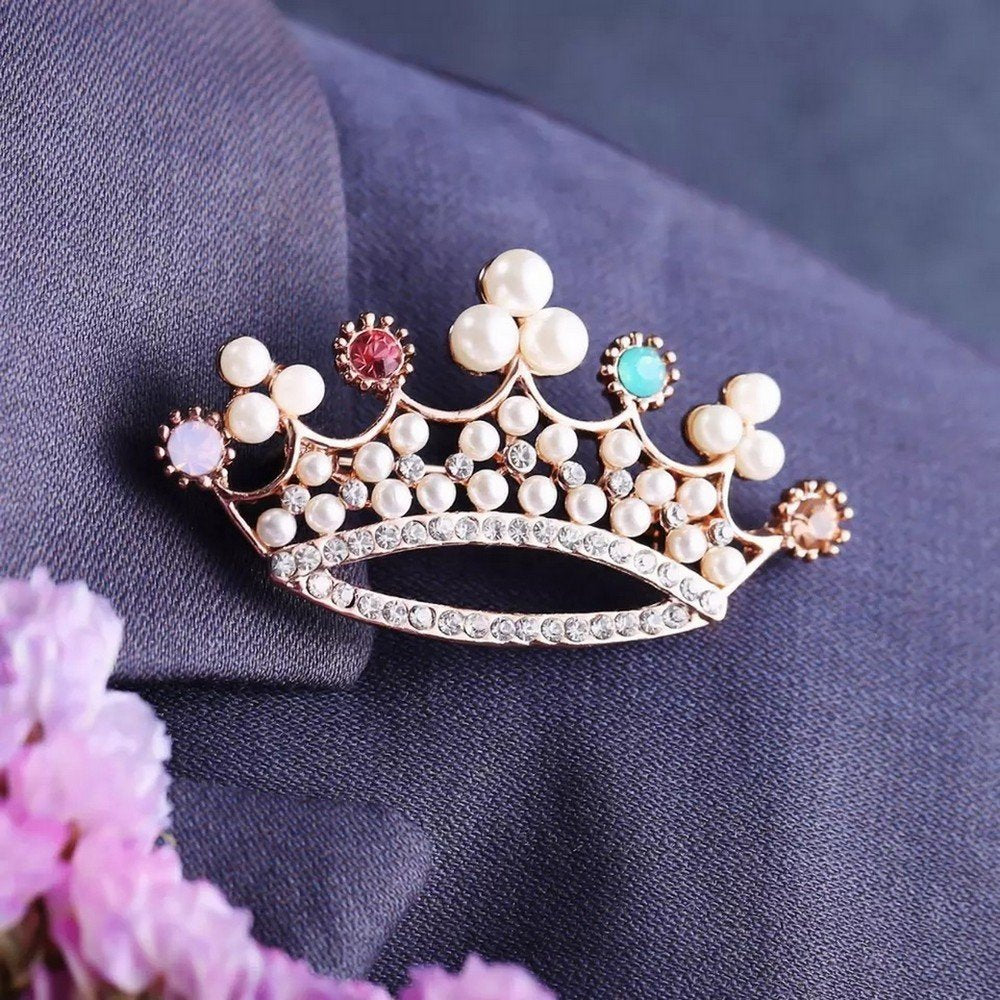 Gold-Plated Pearl/Stone Crown Brooch for Women/Girls image 2