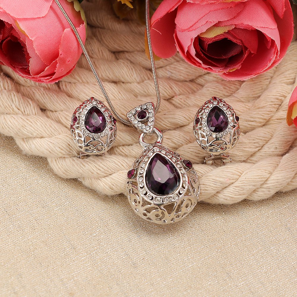 Silver-Plated Crystal Purple Teardrop Pendant Necklace and Earrings Set image 0