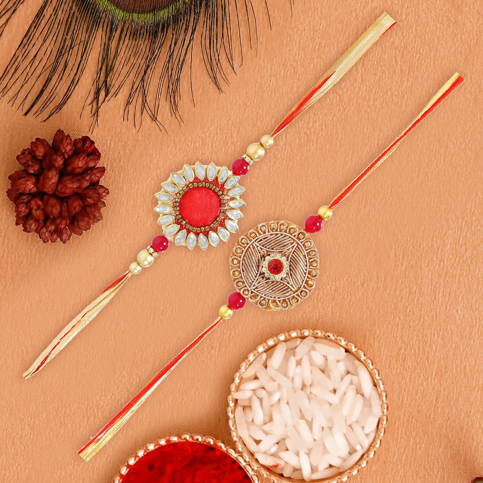 Men's Handmade Kundan Zari Set of 2 Rakhi Set image 1