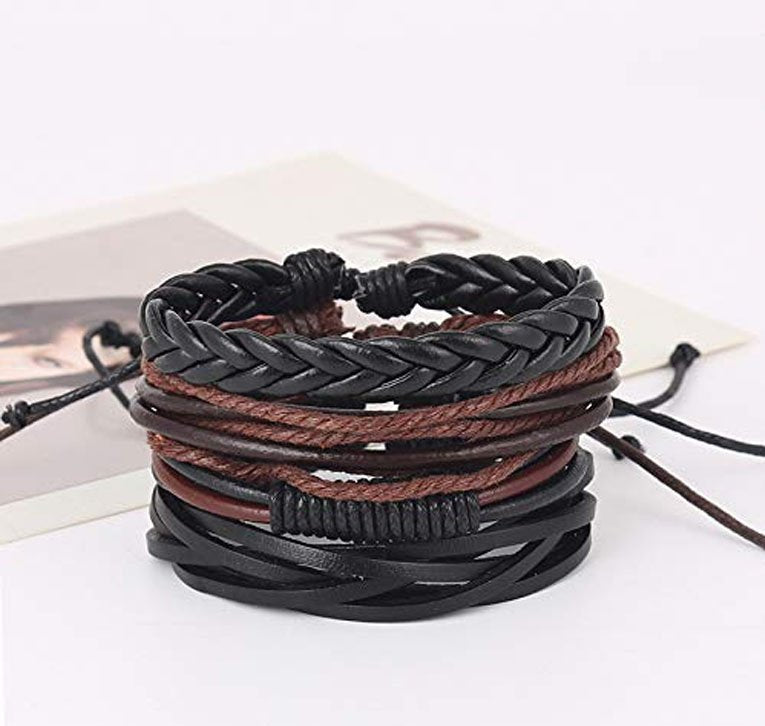 Men's Casual Black & Brown Multi-String Wrap Bracelet Set (4 Pieces) image 0
