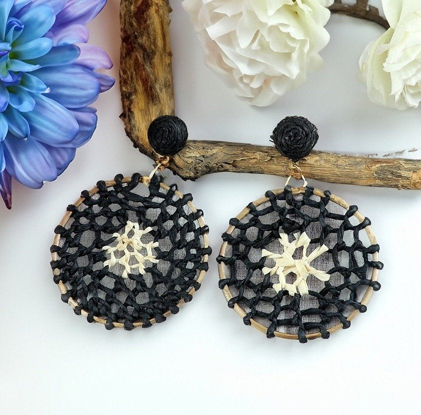 Handcrafted Crosia Thread Black & White Dangler Earrings image 0