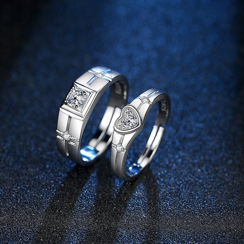 Silver-Plated Heart Crystal Studded Couple Ring image 0