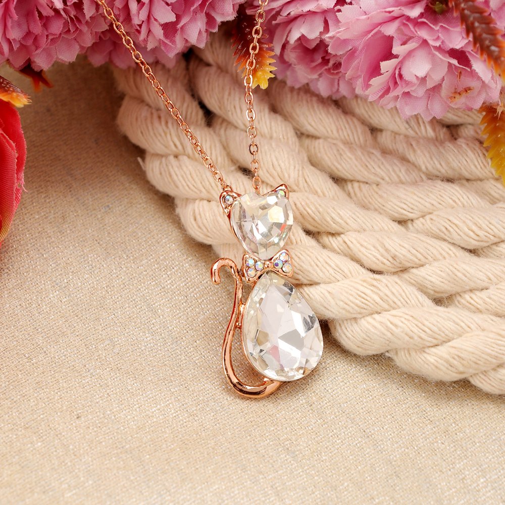Gold-Plated White Crystal Cat Pendant Necklace image 0