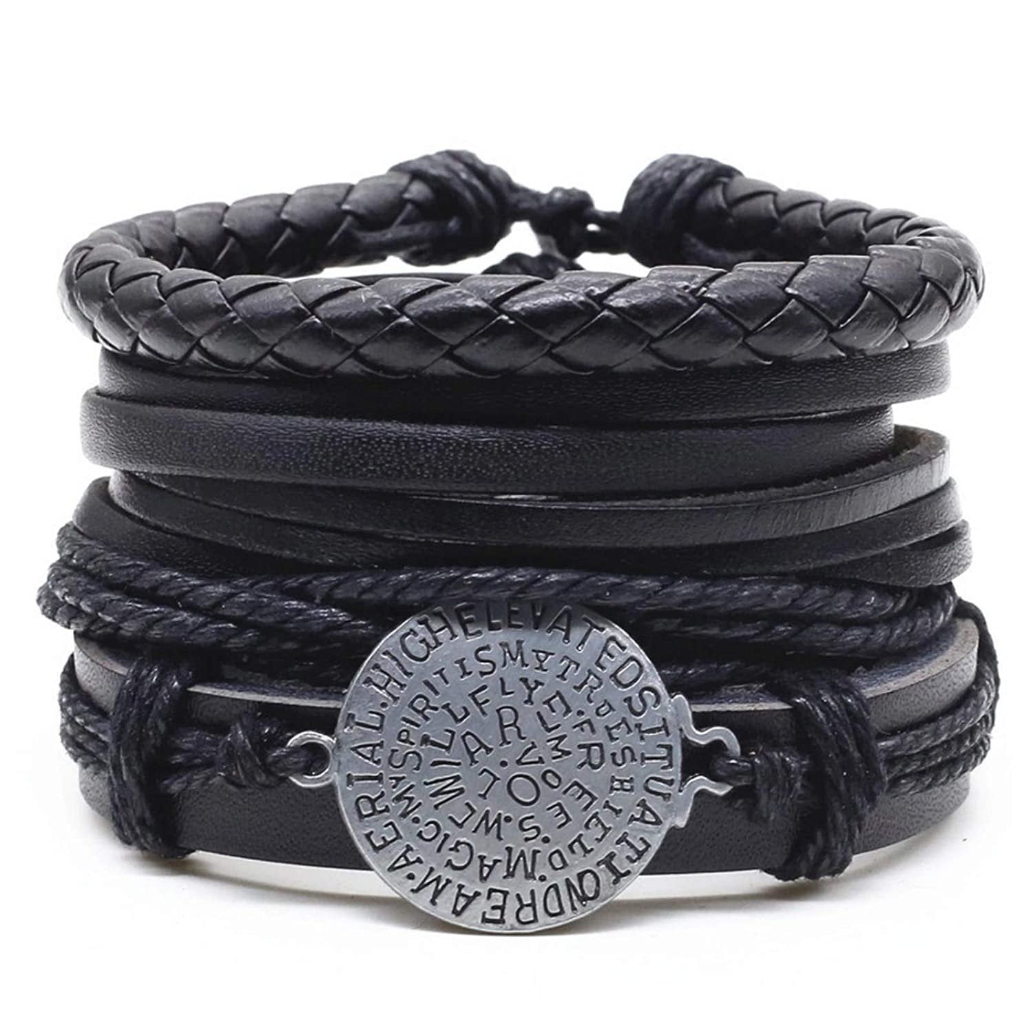 Oxidised Silver Black Leather Bracelets for Men - Set of 4 image 2