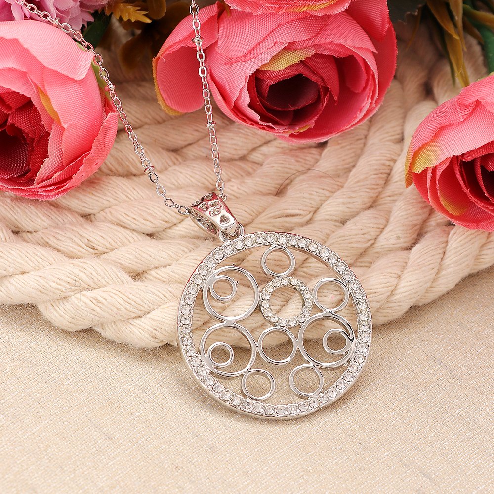 Silver-Plated Round Crystal Work Pendant Necklace image 0