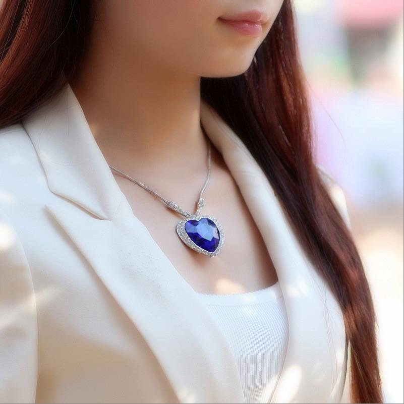 Silver-Plated Blue Heart Crystal Pendant Necklace image 1