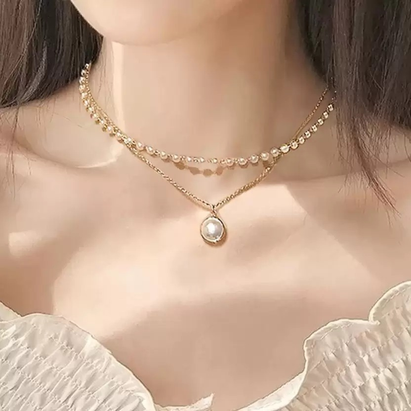 Gold-Plated Pearl Studded Long Pendant Necklace image 2