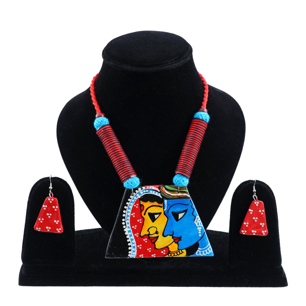 Hand-Painted Krishna-Radha Terracotta Fabric Jewellery Set image 0