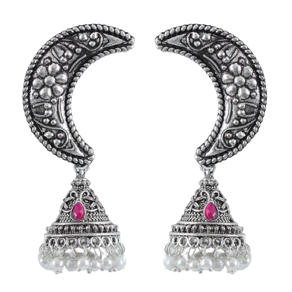 Oxidised Silver Half Moon Pink Stone Jhumka Earrings image 4