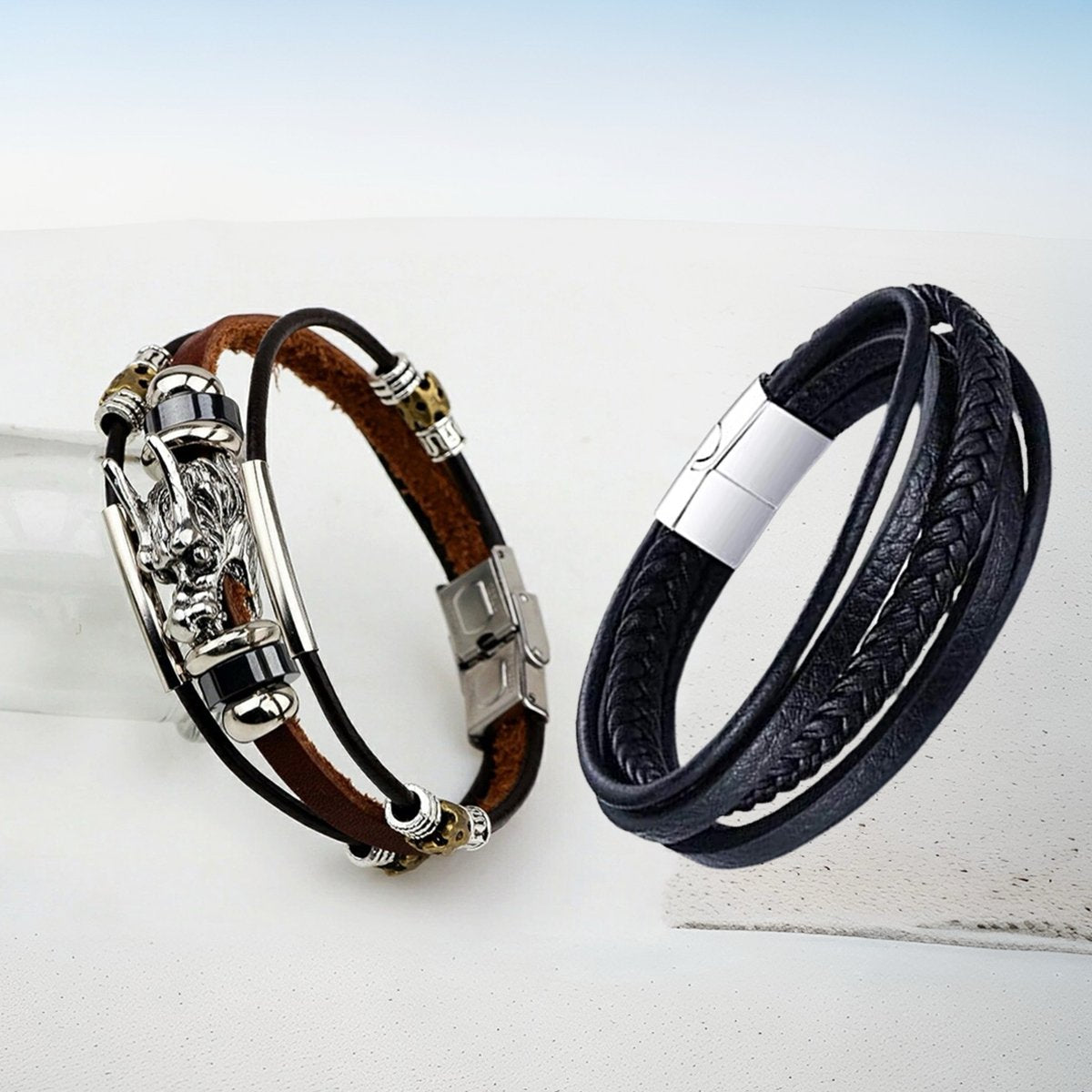 Men's Leather Silver-plated Black-Brown Bracelet Combo (Pack of 2) image 0