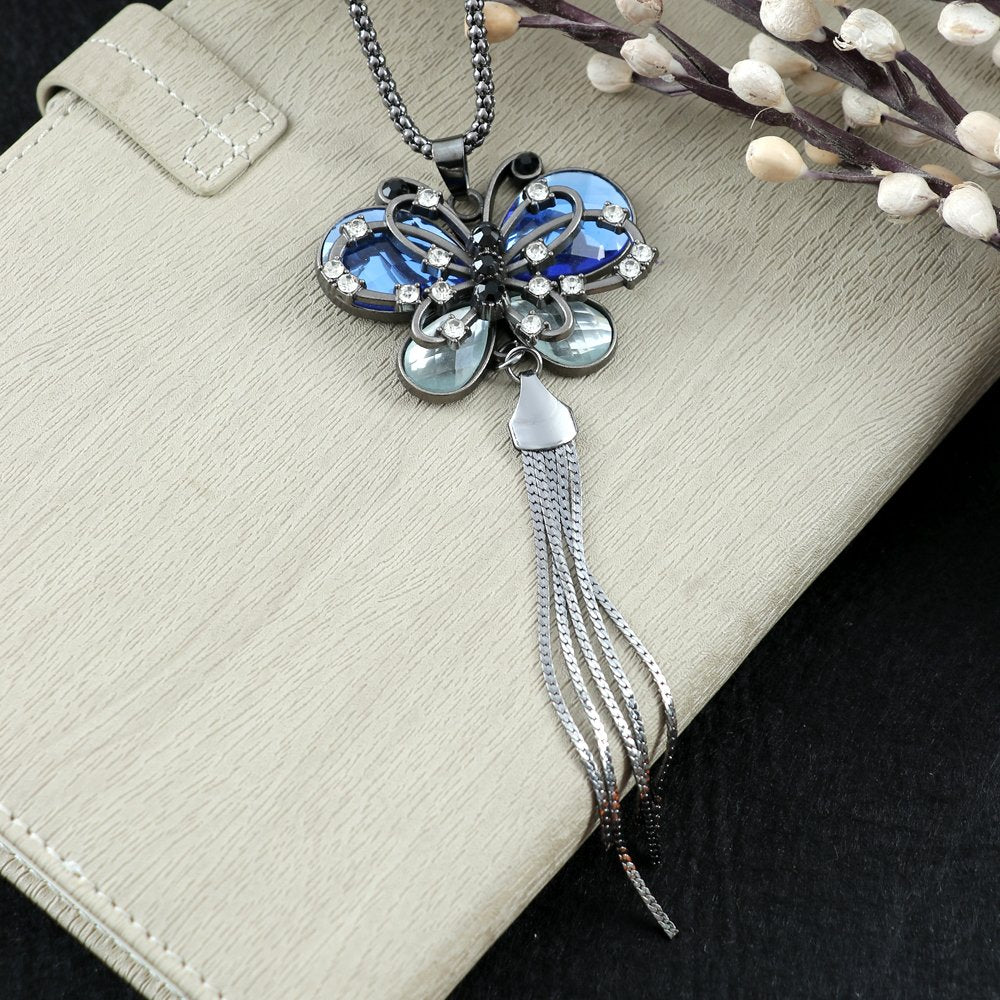 Silver-Plated Blue Crystal Stud Long Tassel Butterfly Pendant Necklace image 4