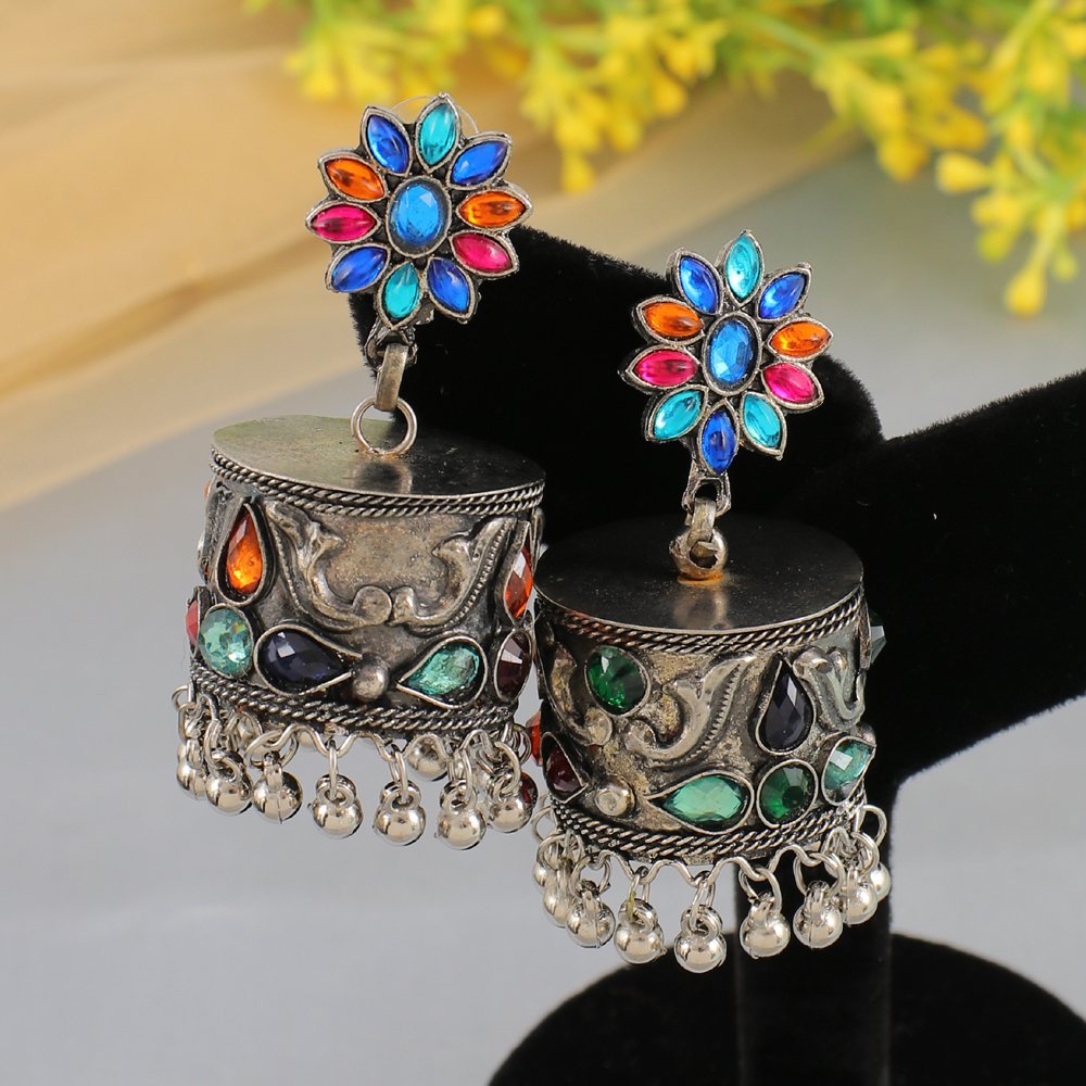 Oxiidsed Silver traditional Floral Multicolor Stone Jhumka Earrings image 0